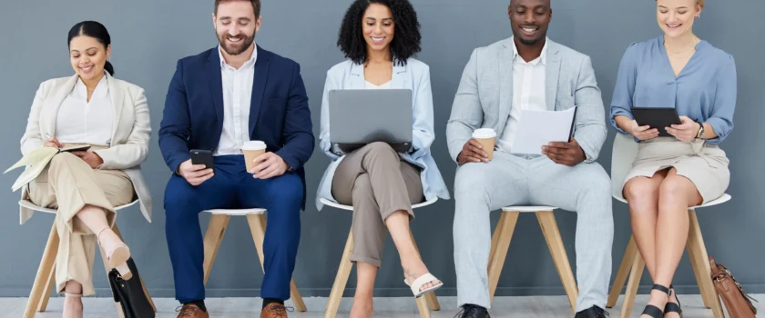 Diverse marketing professionals waiting for interviews, representing top talent in digital marketing
